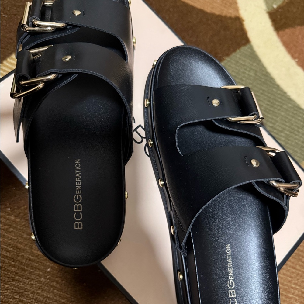 BCBGeneration Black Sandals with Gold Buckles - Picture 5 of 8
